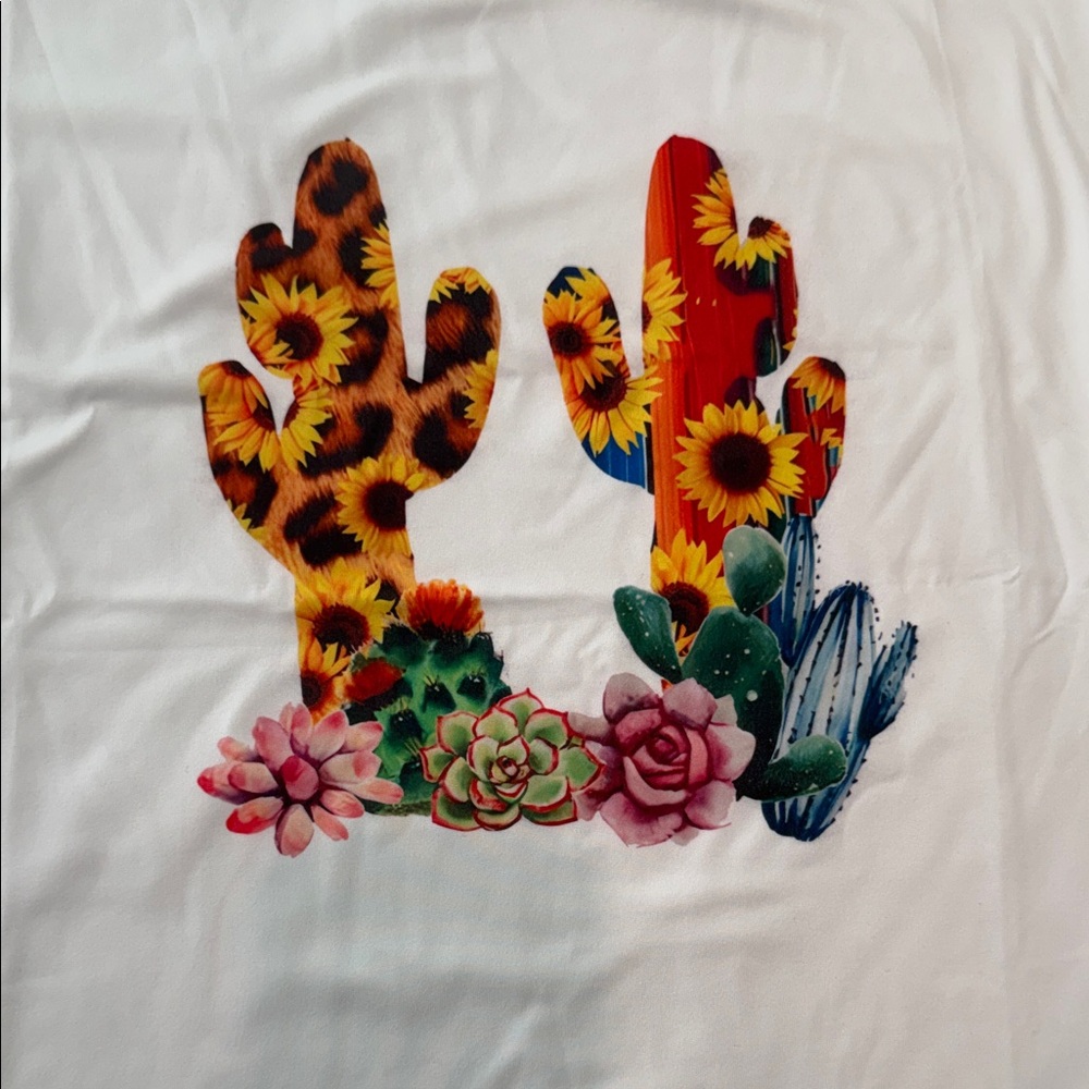 Gildan White Tee with Colorful Sunflower & Succulent Cactus Print